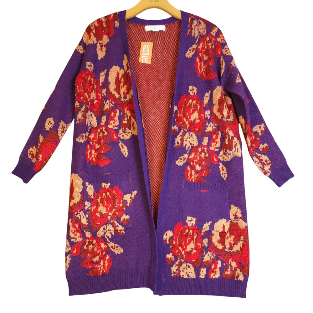 BUNULU Purple Floral Rose Knit Long Cardigan Sweater Women's Medium